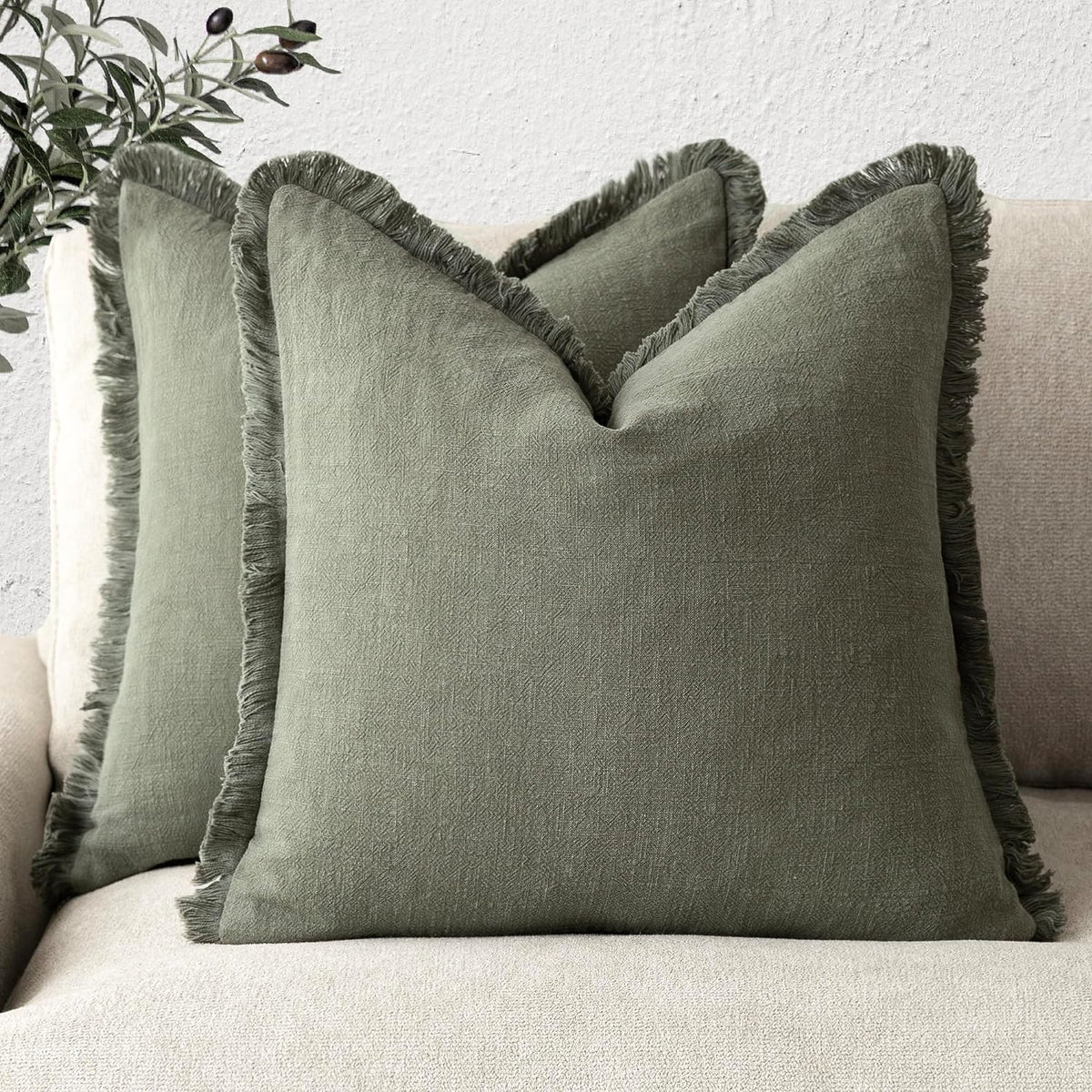 Foindtower Decorative Linen Fringe Throw Pillow Covers 20×20 Olive Green