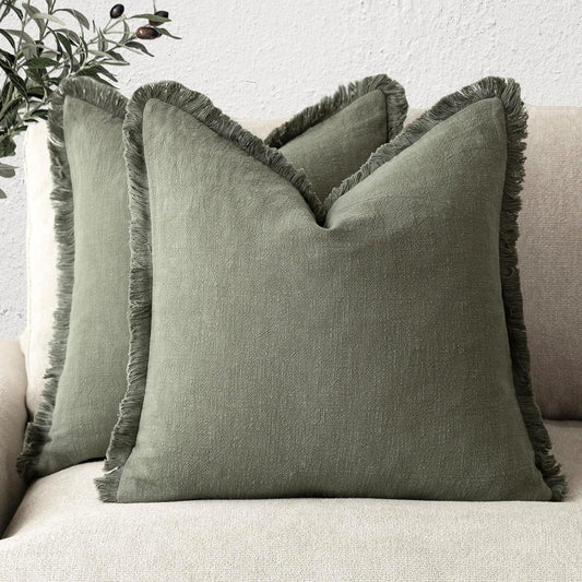 Foindtower Decorative Linen Fringe Throw Pillow Covers 20×20 Olive Green