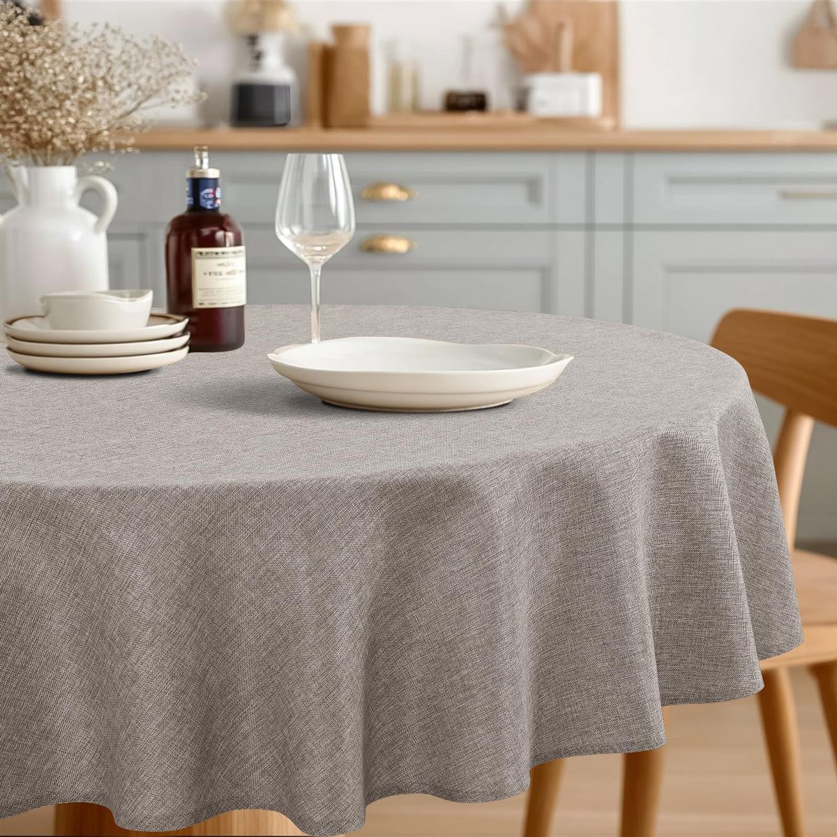 JIUZHEN Round Table Cloth Faux Linen Farmhouse Tablecloth Wrinkle and Stain Resistant Decorative Fabric Table Cover for Kitchen, Dining Room, Parties and Camping, Beige, 120 Inch Round