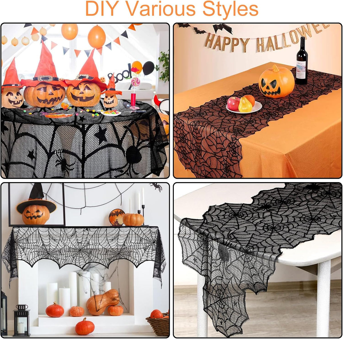 5Pack Halloween Spiderweb Tablecloth Runner Fireplace Scarf Lampshade Bats