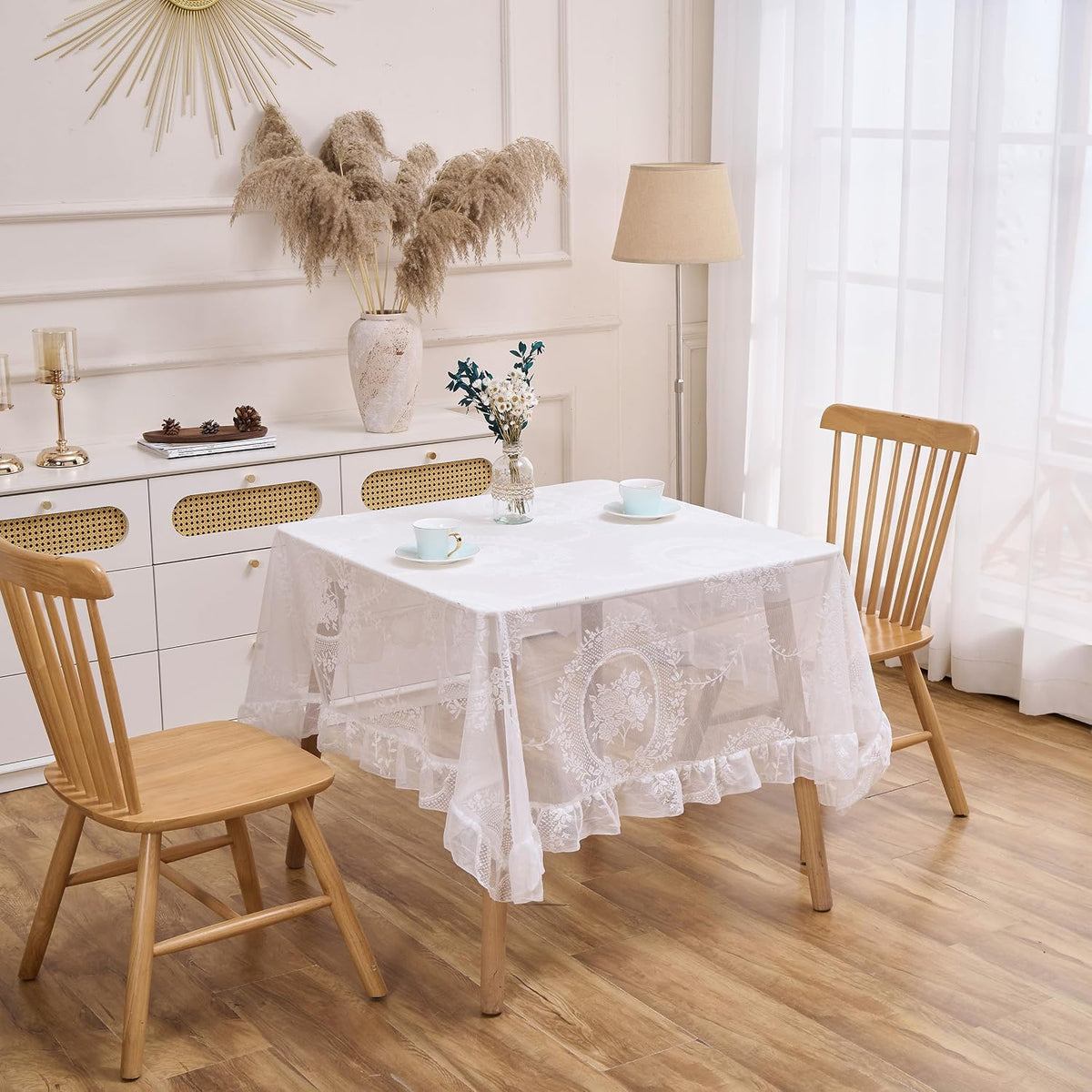 White Lace Floral Embroidered Square Tablecloth 55”x55” Table Cloth