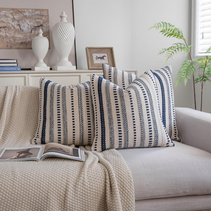 Cethom Navy Blue Boho Throw Pillow Covers 18x18 Inch Set of 2, Stripe Textured Decorative Couch Pillow Cases for Bed, Sofa, Living Room, Bedroom, Farmhouse Home Accent Cushion Covers