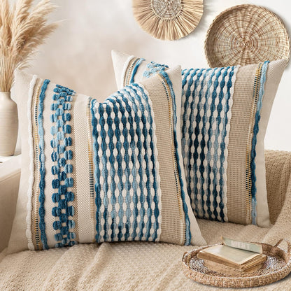 ANRODUO Boho Decorative Pillow Covers Olive Green Stripe 18x18 Pack of 2