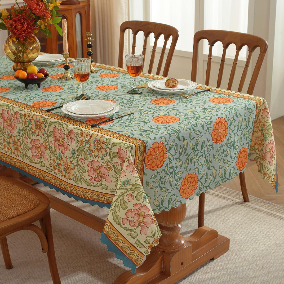 Rectangle Waterproof Tablecloth Linen Textured Table Cloth,Stain and Wrinkle Resistant Washable Fabric Table Cover for Dining, Party, Camping and Outdoor, 52 x 70 Inch, Vine Bloom
