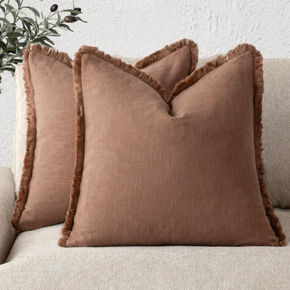 Foindtower Decorative Linen Fringe Throw Pillow Covers 20×20 Olive Green