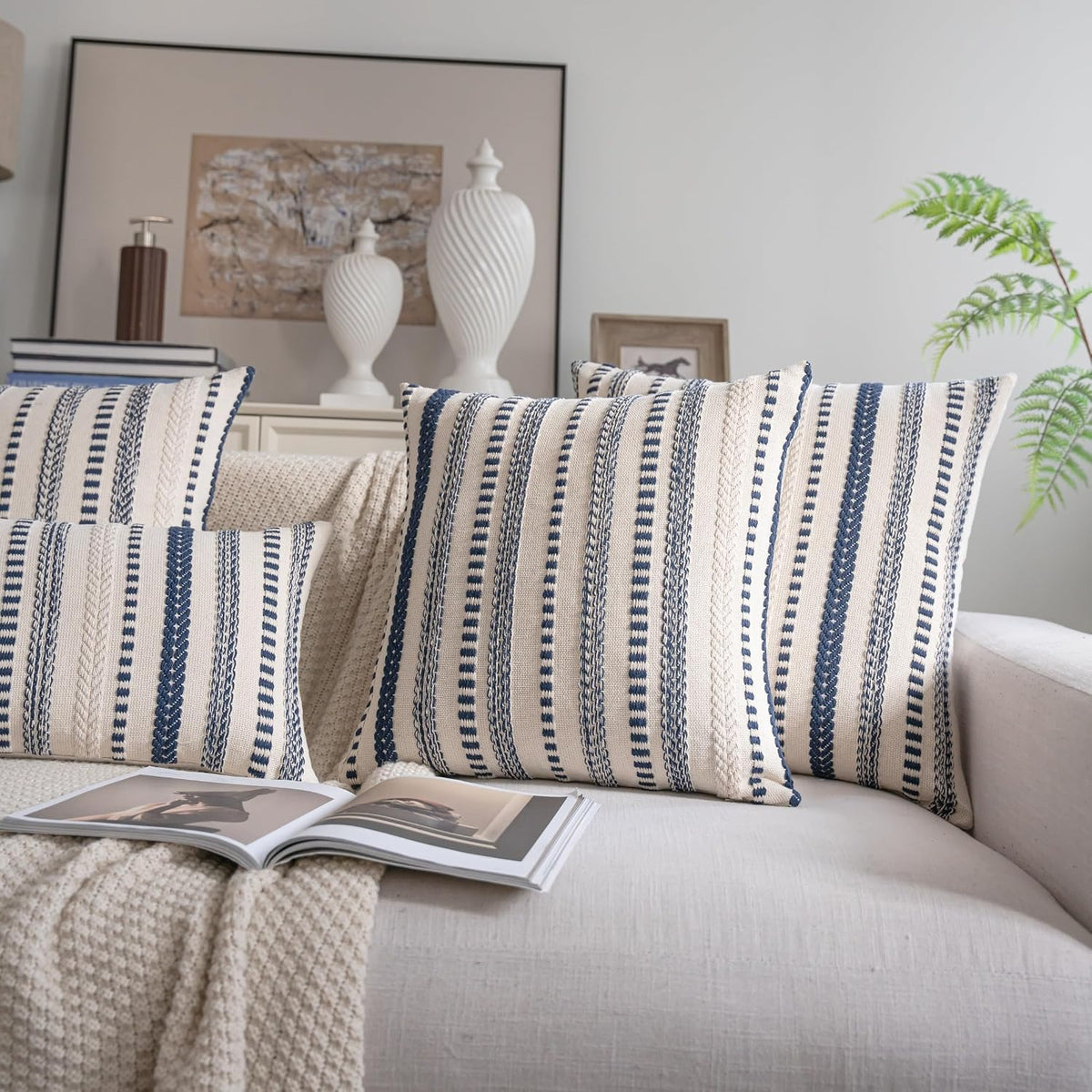 Cethom Navy Blue Boho Throw Pillow Covers 18x18 Inch Set of 2, Stripe Textured Decorative Couch Pillow Cases for Bed, Sofa, Living Room, Bedroom, Farmhouse Home Accent Cushion Covers