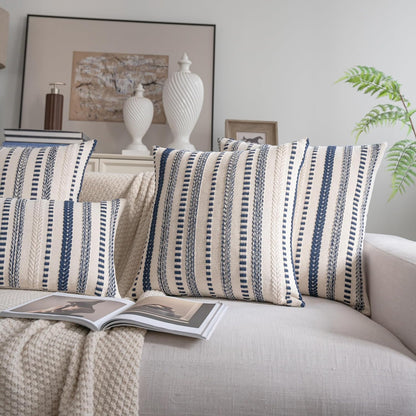Cethom Navy Blue Boho Throw Pillow Covers 18x18 Inch Set of 2, Stripe Textured Decorative Couch Pillow Cases for Bed, Sofa, Living Room, Bedroom, Farmhouse Home Accent Cushion Covers