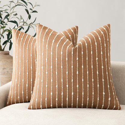 Foindtower Decorative Striped Boucle Throw Pillow Covers 18x18 Inch Camel