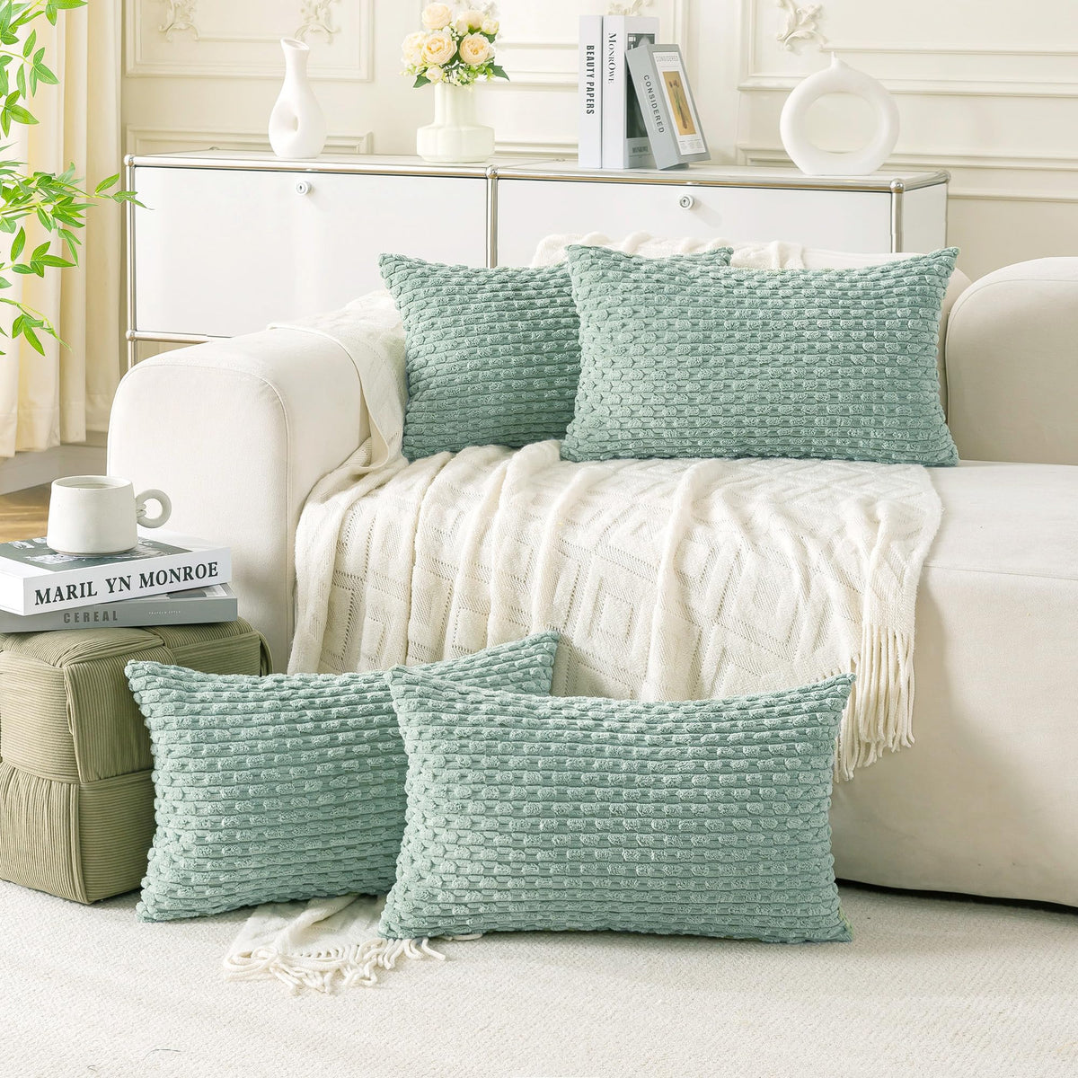 Set of 4 Neutral Decorative Throw Pillow Covers 18x18 Inch Corduroy Pillow Covers for Bed Couch Sofa Living Room Soft Square Cushion Cases