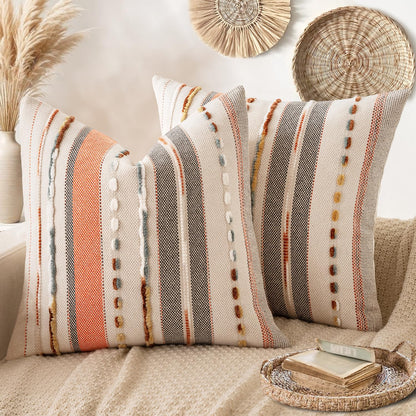 ANRODUO Boho Decorative Pillow Covers Olive Green Stripe 18x18 Pack of 2