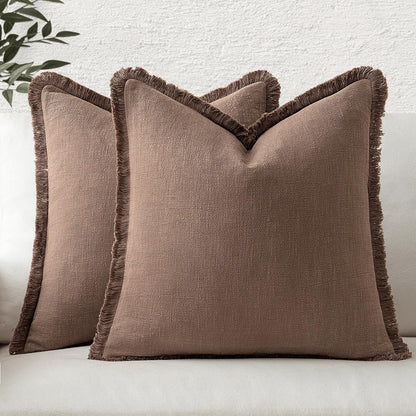 MIULEE Linen Fringe Decorative Throw Pillow Covers Natural Beige 20x20