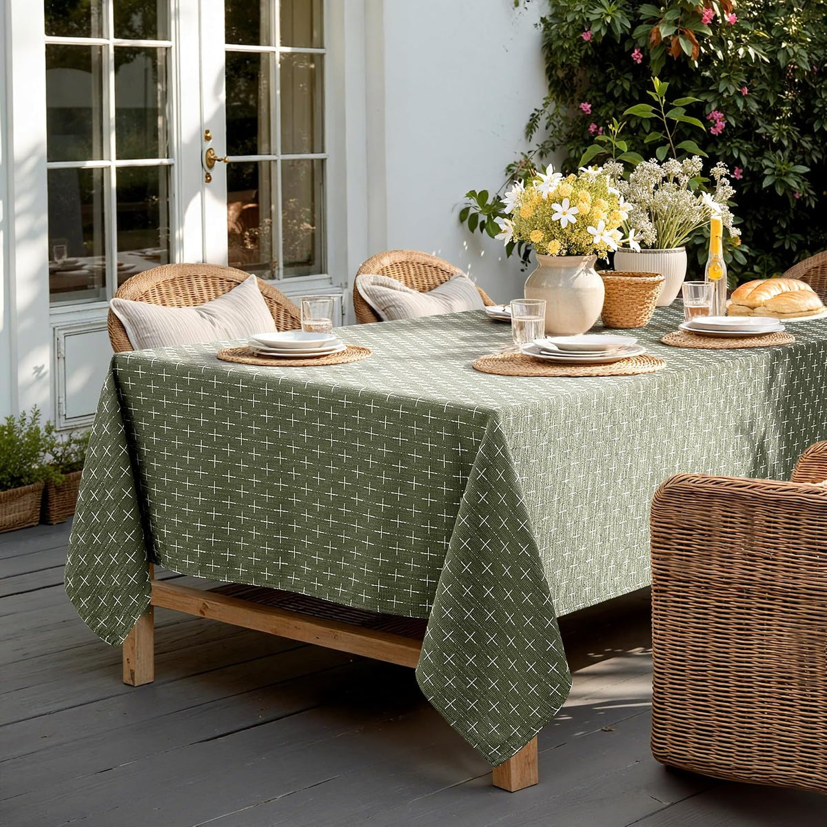 MIULEE Olive Green Rectangle Cross-Star Textured Table Cloth 52x70 Inch