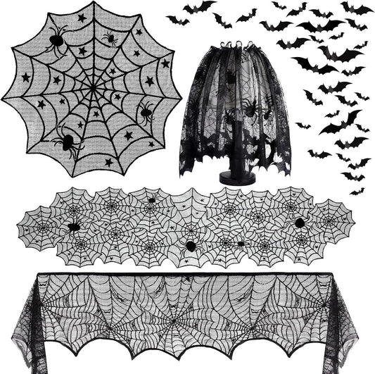 5Pack Halloween Spiderweb Tablecloth Runner Fireplace Scarf Lampshade Bats