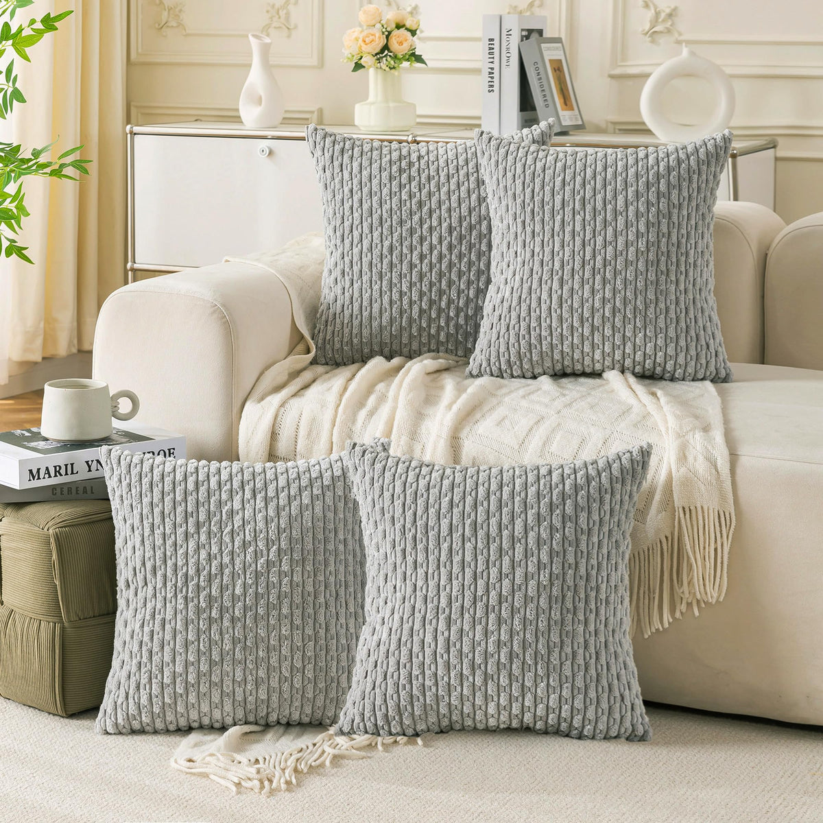 Set of 4 Neutral Decorative Throw Pillow Covers 18x18 Inch Corduroy Pillow Covers for Bed Couch Sofa Living Room Soft Square Cushion Cases