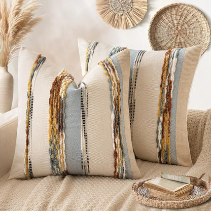 ANRODUO Boho Decorative Pillow Covers Olive Green Stripe 18x18 Pack of 2