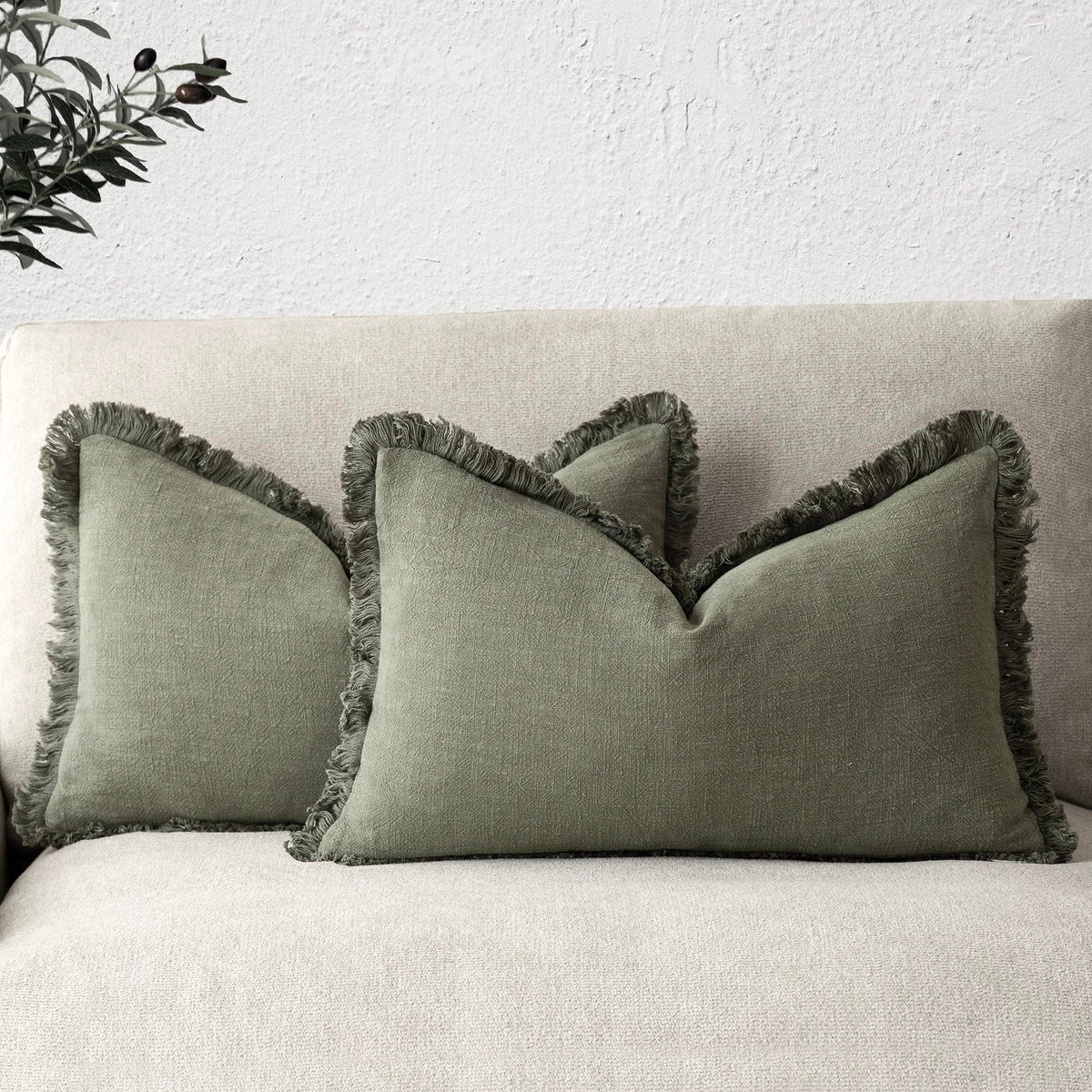 Foindtower Decorative Linen Fringe Throw Pillow Covers 20×20 Olive Green