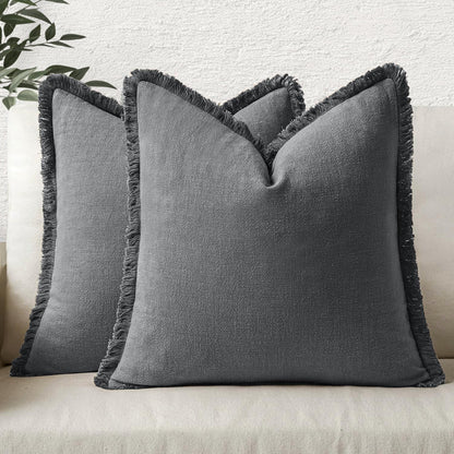 MIULEE Linen Fringe Decorative Throw Pillow Covers Natural Beige 20x20
